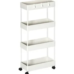 HOMCOM Rollwagen, Küchenwagen mit 4 Ebenen, Aufbewahrungsregal mit Rollen, Servierwagen mit Bremsen, Küchenregal für Schlafzimmer, Küche, Wohnzimmer, Kunststoff, Weiß, 40 x 19 x 90 cm
