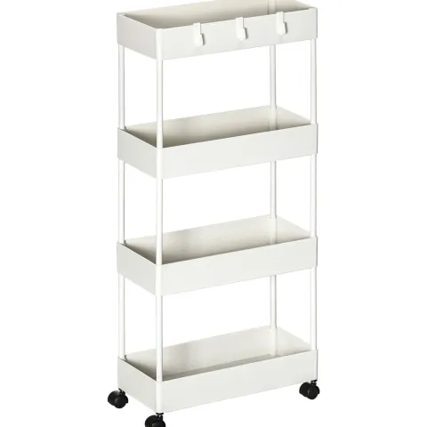 HOMCOM Rollwagen, Küchenwagen mit 4 Ebenen, Aufbewahrungsregal mit Rollen, Servierwagen mit Bremsen, Küchenregal für Schlafzimmer, Küche, Wohnzimmer, Kunststoff, Weiß, 40 x 19 x 90 cm