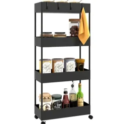 HOMCOM Rollwagen, Küchenwagen mit 4 Ebenen, Aufbewahrungsregal mit Rollen, Servierwagen mit Bremsen, Küchenregal für Schlafzimmer, Küche, Wohnzimmer, Kunststoff, Schwarz, 40 x 19 x 90 cm