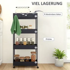 HOMCOM Rollwagen, Küchenwagen mit 4 Ebenen, Aufbewahrungsregal mit Rollen, Servierwagen mit Bremsen, Küchenregal für Schlafzimmer, Küche, Wohnzimmer, Kunststoff, Schwarz, 40 x 19 x 90 cm