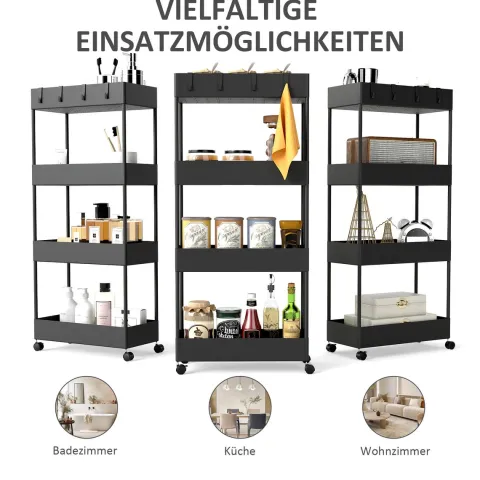 HOMCOM Rollwagen, Küchenwagen mit 4 Ebenen, Aufbewahrungsregal mit Rollen, Servierwagen mit Bremsen, Küchenregal für Schlafzimmer, Küche, Wohnzimmer, Kunststoff, Schwarz, 40 x 19 x 90 cm
