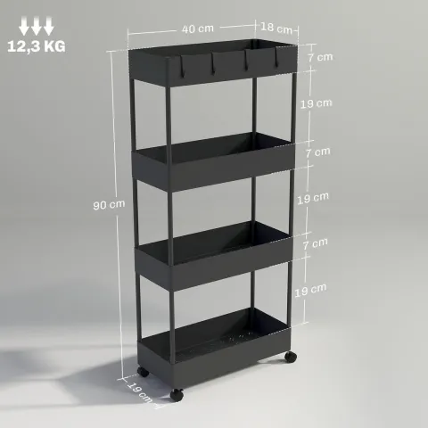 HOMCOM Rollwagen, Küchenwagen mit 4 Ebenen, Aufbewahrungsregal mit Rollen, Servierwagen mit Bremsen, Küchenregal für Schlafzimmer, Küche, Wohnzimmer, Kunststoff, Schwarz, 40 x 19 x 90 cm