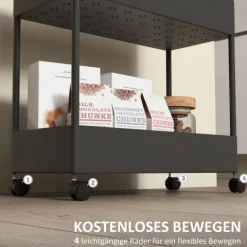 HOMCOM Rollwagen, Küchenwagen mit 4 Ebenen, Aufbewahrungsregal mit Rollen, Servierwagen mit Bremsen, Küchenregal für Schlafzimmer, Küche, Wohnzimmer, Kunststoff, Schwarz, 40 x 19 x 90 cm
