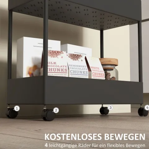 HOMCOM Rollwagen, Küchenwagen mit 4 Ebenen, Aufbewahrungsregal mit Rollen, Servierwagen mit Bremsen, Küchenregal für Schlafzimmer, Küche, Wohnzimmer, Kunststoff, Schwarz, 40 x 19 x 90 cm