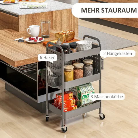 HOMCOM Rollwagen, Servierwagen mit 3 Etagen, 2 Hängekörbe, Aufbewahrungswagen mit Griff, Küchenwagen, Beistellwagen für Küche, Wohnzimmer, Stahl, Dunkelgrau