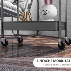 HOMCOM Rollwagen, Servierwagen mit 3 Etagen, 2 Hängekörbe, Aufbewahrungswagen mit Griff, Küchenwagen, Beistellwagen für Küche, Wohnzimmer, Stahl, Dunkelgrau
