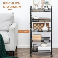HOMCOM Rollwagen, Servierwagen mit 4 Etagen, 5 Körbe, Aufbewahrungswagen mit Griff, Küchenwagen für Küche, Wohnzimmer, Stahl, Schwarz