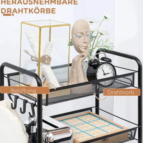 HOMCOM Rollwagen, Servierwagen mit 4 Etagen, 5 Körbe, Aufbewahrungswagen mit Griff, Küchenwagen für Küche, Wohnzimmer, Stahl, Schwarz