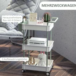 HOMCOM Rollwagen, Servierwagen mit 3 Etagen, Hängekorb, Aufbewahrungswagen mit Griff, Küchenwagen, Beistellwagen für Küche, Wohnzimmer, Büro, Stahl, Weiß