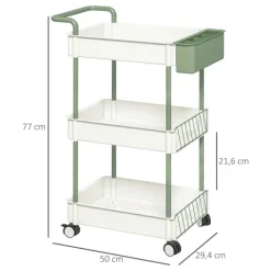 HOMCOM Rollwagen, Servierwagen mit 3 Etagen, Hängekorb, Aufbewahrungswagen mit Griff, Küchenwagen, Beistellwagen für Küche, Wohnzimmer, Büro, Stahl, Weiß