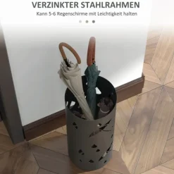 HOMCOM Schirmständer Regenschirmständer mit 4 Haken und abnehmbarer Tropfschale Schirmhalter für Gehstöcke & Regenschirme Stahl Ø17 x 41 cm Dunkelgrau