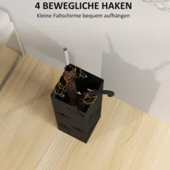 HOMCOM Schirmständer Regenschirmhalter mit 4 Haken, abnehmbare Wasserauffangschale Deko Schirmhalter für Sonnenschirm, Regenschirme & Gehstöcke Stahl 15,5 x 15,5 x 49 cm Schwarz