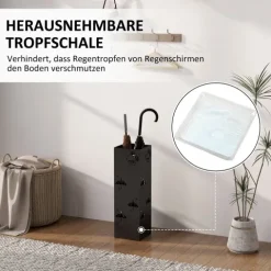 HOMCOM Schirmständer Regenschirmhalter mit 4 Haken, abnehmbare Wasserauffangschale Deko Schirmhalter für Sonnenschirm, Regenschirme & Gehstöcke Stahl 15,5 x 15,5 x 49 cm Schwarz