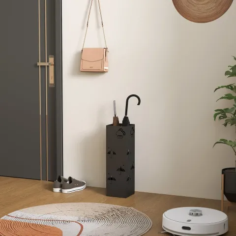 HOMCOM Schirmständer Regenschirmhalter mit 4 Haken, abnehmbare Wasserauffangschale Deko Schirmhalter für Sonnenschirm, Regenschirme & Gehstöcke Stahl 15,5 x 15,5 x 49 cm Schwarz