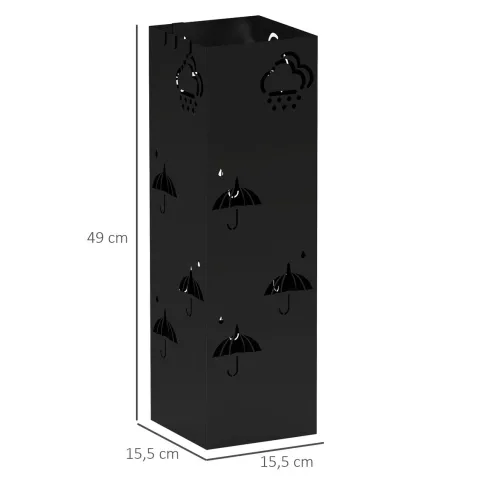 HOMCOM Schirmständer Regenschirmhalter mit 4 Haken, abnehmbare Wasserauffangschale Deko Schirmhalter für Sonnenschirm, Regenschirme & Gehstöcke Stahl 15,5 x 15,5 x 49 cm Schwarz