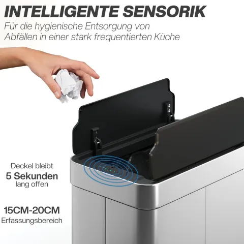 HOMCOM Sensor Mülleimer 55L Abfalleimer mit Soft-Close-Schmetterlingsdeckel Küchenmülleimer mit berührungslos Bewegungssensor aus fingerabdruckresistent Edelstahl für Küche Fitnessstudio Büro, Silber