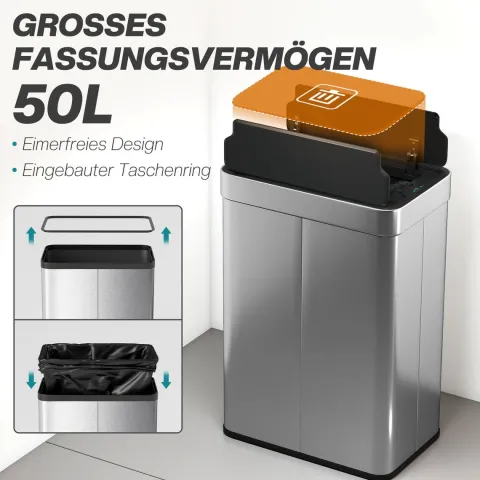 HOMCOM Sensor Mülleimer 55L Abfalleimer mit Soft-Close-Schmetterlingsdeckel Küchenmülleimer mit berührungslos Bewegungssensor aus fingerabdruckresistent Edelstahl für Küche Fitnessstudio Büro, Silber