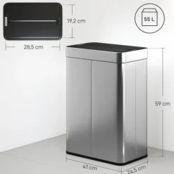 HOMCOM Sensor Mülleimer 55L Abfalleimer mit Soft-Close-Schmetterlingsdeckel Küchenmülleimer mit berührungslos Bewegungssensor aus fingerabdruckresistent Edelstahl für Küche Fitnessstudio Büro, Silber
