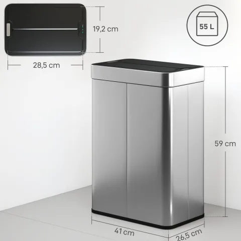 HOMCOM Sensor Mülleimer 55L Abfalleimer mit Soft-Close-Schmetterlingsdeckel Küchenmülleimer mit berührungslos Bewegungssensor aus fingerabdruckresistent Edelstahl für Küche Fitnessstudio Büro, Silber