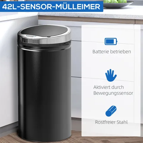 HOMCOM Sensor Mülleimer 42L Automatischer Mülleimer mit Bewegungssensor, Abfalleimer Abfallbehälter Müllbehälter für Küchen Büro, Schlafzimmer, Schwarz