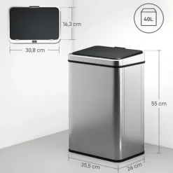 HOMCOM Sensor Mülleimer 40L Edelstahl Automatischer Mülleimer mit Soft-Close-Deckel Bewegungssensor fingerabdrucksicherer Abfalleimer Müllbehälter Abfallbehälter für Büro Schlafzimmer Küchen Silber