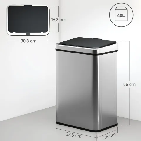 HOMCOM Sensor Mülleimer 40L Edelstahl Automatischer Mülleimer mit Soft-Close-Deckel Bewegungssensor fingerabdrucksicherer Abfalleimer Müllbehälter Abfallbehälter für Büro Schlafzimmer Küchen Silber