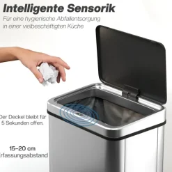 HOMCOM Sensor Mülleimer 40L Edelstahl Automatischer Mülleimer mit Soft-Close-Deckel Bewegungssensor fingerabdrucksicherer Abfalleimer Müllbehälter Abfallbehälter für Büro Schlafzimmer Küchen Silber