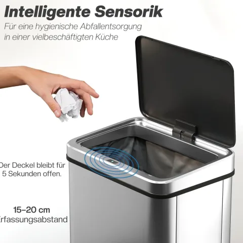 HOMCOM Sensor Mülleimer 40L Edelstahl Automatischer Mülleimer mit Soft-Close-Deckel Bewegungssensor fingerabdrucksicherer Abfalleimer Müllbehälter Abfallbehälter für Büro Schlafzimmer Küchen Silber