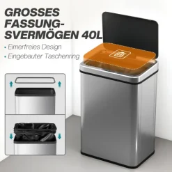 HOMCOM Sensor Mülleimer 40L Edelstahl Automatischer Mülleimer mit Soft-Close-Deckel Bewegungssensor fingerabdrucksicherer Abfalleimer Müllbehälter Abfallbehälter für Büro Schlafzimmer Küchen Silber