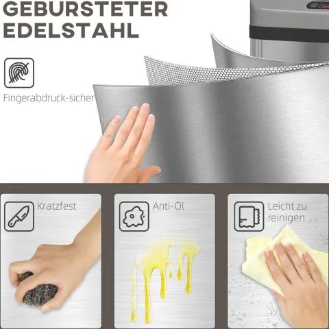 HOMCOM Sensor Mülleimer 48L Edelstahl Automatischer Mülleimer mit Bewegungssensor, Fingerabdruckresistente Abfalleimer Abfallbehälter Müllbehälter für Büro, Schlafzimmer, Küchen Silber