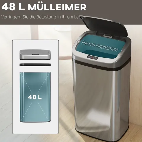 HOMCOM Sensor Mülleimer 48L Edelstahl Automatischer Mülleimer mit Bewegungssensor, Fingerabdruckresistente Abfalleimer Abfallbehälter Müllbehälter für Büro, Schlafzimmer, Küchen Silber