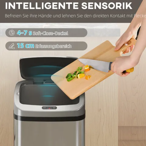 HOMCOM Sensor Mülleimer 48L Edelstahl Automatischer Mülleimer mit Bewegungssensor, Fingerabdruckresistente Abfalleimer Abfallbehälter Müllbehälter für Büro, Schlafzimmer, Küchen Silber