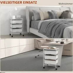 HOMCOM Servierwagen mit 3 Ebenen Küchenwagen mit Griff und Rollen Allzweckwagen mit 3 geräumigen Körben Küchenregal Küchenrollwagen für Küche Büro Badezimmer, Weiß