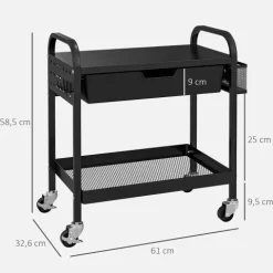 HOMCOM Servierwagen, Rollwagen mit 1 Schublade, 1 Ablage, Aufbewahrungswagen Beistellwagen mit Haken, Küchenwagen für Küche, Wohnzimmer, Stahl, Schwarz