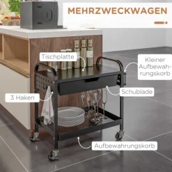 HOMCOM Servierwagen, Rollwagen mit 1 Schublade, 1 Ablage, Aufbewahrungswagen Beistellwagen mit Haken, Küchenwagen für Küche, Wohnzimmer, Stahl, Schwarz