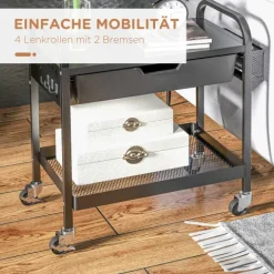 HOMCOM Servierwagen, Rollwagen mit 1 Schublade, 1 Ablage, Aufbewahrungswagen Beistellwagen mit Haken, Küchenwagen für Küche, Wohnzimmer, Stahl, Schwarz