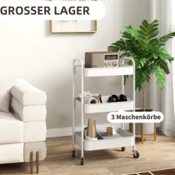 HOMCOM Servierwagen Rollwagen mit 3 Etagen, Küchenwagen, Aufbewahrungswagen, Beistellwagen für Küche, Wohnzimmer, Stahl, Weiß