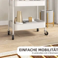 HOMCOM Servierwagen Rollwagen mit 3 Etagen, Küchenwagen, Aufbewahrungswagen, Beistellwagen für Küche, Wohnzimmer, Stahl, Weiß