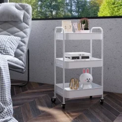 HOMCOM Servierwagen Rollwagen mit 3 Etagen, Küchenwagen, Aufbewahrungswagen, Beistellwagen für Küche, Wohnzimmer, Stahl, Weiß