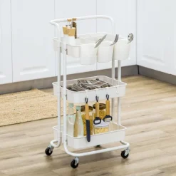HOMCOM Servierwagen Rollwagen mit 3 Etagen, Ablagekörben, Küchenwagen mit Haken, Aufbewahrungswagen, Beistellwagen für Küche, Wohnzimmer, Stahl, Weiß
