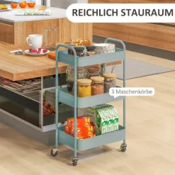 HOMCOM Servierwagen Rollwagen mit 3 Etagen, Küchenwagen, Aufbewahrungswagen, Beistellwagen für Küche, Wohnzimmer, Stahl, Hellblau