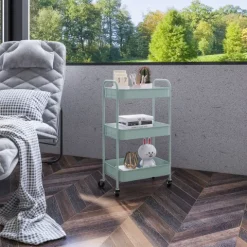 HOMCOM Servierwagen Rollwagen mit 3 Etagen, Küchenwagen, Aufbewahrungswagen, Beistellwagen für Küche, Wohnzimmer, Stahl, Hellblau