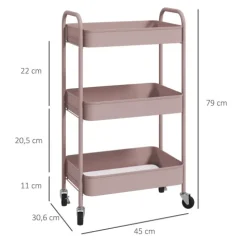 HOMCOM Servierwagen Rollwagen mit 3 Etagen, Küchenwagen, Aufbewahrungswagen, Beistellwagen für Küche, Wohnzimmer, Stahl, Rosa