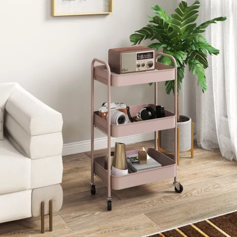 HOMCOM Servierwagen Rollwagen mit 3 Etagen, Küchenwagen, Aufbewahrungswagen, Beistellwagen für Küche, Wohnzimmer, Stahl, Rosa