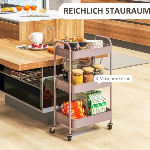 HOMCOM Servierwagen Rollwagen mit 3 Etagen, Küchenwagen, Aufbewahrungswagen, Beistellwagen für Küche, Wohnzimmer, Stahl, Rosa