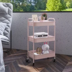 HOMCOM Servierwagen Rollwagen mit 3 Etagen, Küchenwagen, Aufbewahrungswagen, Beistellwagen für Küche, Wohnzimmer, Stahl, Rosa