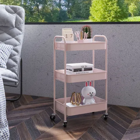 HOMCOM Servierwagen Rollwagen mit 3 Etagen, Küchenwagen, Aufbewahrungswagen, Beistellwagen für Küche, Wohnzimmer, Stahl, Rosa