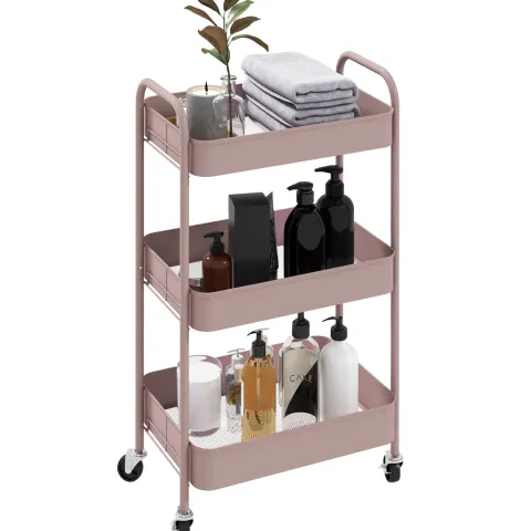 HOMCOM Servierwagen Rollwagen mit 3 Etagen, Küchenwagen, Aufbewahrungswagen, Beistellwagen für Küche, Wohnzimmer, Stahl, Rosa