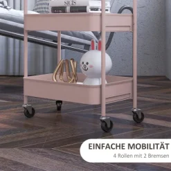 HOMCOM Servierwagen Rollwagen mit 3 Etagen, Küchenwagen, Aufbewahrungswagen, Beistellwagen für Küche, Wohnzimmer, Stahl, Rosa