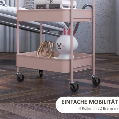 HOMCOM Servierwagen Rollwagen mit 3 Etagen, Küchenwagen, Aufbewahrungswagen, Beistellwagen für Küche, Wohnzimmer, Stahl, Rosa